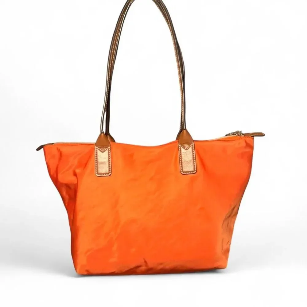 Michael Kors Orange Nylon Tote Shoulder Bag Brown Leather Trim Zip Top